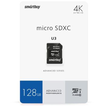 Карта памяти SmartBuy MicroSDXC 128GB PRO U3 Advanced, Class 10, скорость чтения 90Мб/сек (с адаптером SD) Карта памяти SmartBuy MicroSDXC 128GB PRO U3 Advanced, Class 10, скорость чтения 90Мб/сек (с адаптером SD)