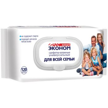 Салфетки влажные Эконом Smart, 120шт., для всей семьи, с пластиковым клапаном Салфетки влажные Эконом Smart, 120шт., для всей семьи, с пластиковым клапаном