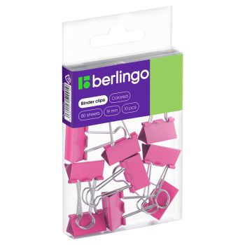 Зажимы для бумаг 19мм, Berlingo, 10шт., цветные, ПВХ упак., европодвес, розовые Зажимы для бумаг 19мм, Berlingo, 10шт., цветные, ПВХ упак., европодвес, розовые