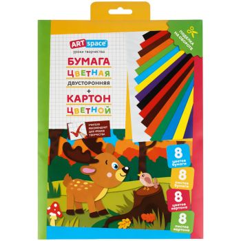 Набор А4 цв. немел. картона, 8л., 8цв. и цв. двустор. газет. бумаги, 8л., 8цв., ArtSpace Набор А4 цв. немел. картона, 8л., 8цв. и цв. двустор. газет. бумаги, 8л., 8цв., ArtSpace
