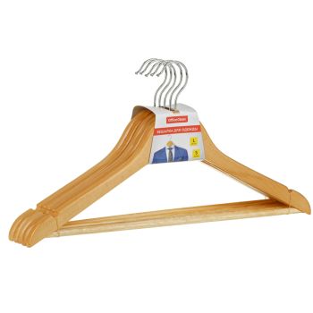 Вешалка-плечики OfficeClean, набор 5шт., деревянные, с перекладиной, 45см, цвет натуральный Вешалка-плечики OfficeClean, набор 5шт., деревянные, с перекладиной, 45см, цвет натуральный
