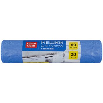 Мешки для мусора 60л OfficeClean ПНД, 58*65см, 14мкм, 20шт., прочные, синие, в рулоне, с завязками Мешки для мусора 60л OfficeClean ПНД, 58*65см, 14мкм, 20шт., прочные, синие, в рулоне, с завязками