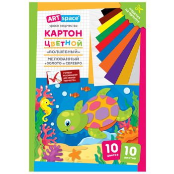 Картон цветной А4, ArtSpace, 10л., 10цв., мелованный, золото, серебро, в папке, Картон цветной А4, ArtSpace, 10л., 10цв., мелованный, золото, серебро, в папке,
