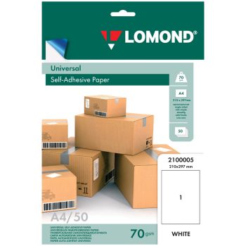 Бумага самоклеящаяся А4 50л. Lomond, белая, неделенная, 70г/м2 Бумага самоклеящаяся А4 50л. Lomond, белая, неделенная, 70г/м2