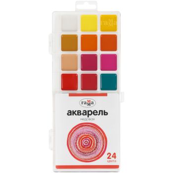 Акварель Гамма, медовая, 24 цветов, без кисти, пластик. упак., европодвес Акварель Гамма, медовая, 24 цветов, без кисти, пластик. упак., европодвес