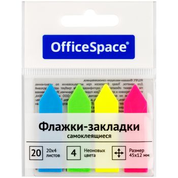 Флажки-закладки OfficeSpace, 45*12мм, стрелки, 20л*4 неоновых цвета, европодвес Флажки-закладки OfficeSpace, 45*12мм, стрелки, 20л*4 неоновых цвета, европодвес