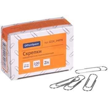 Скрепки 28мм, OfficeSpace, 100шт., оцинкованные, карт. упаковка Скрепки 28мм, OfficeSpace, 100шт., оцинкованные, карт. упаковка