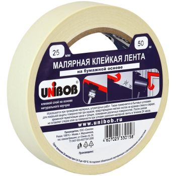 Клейкая лента малярная Unibob, 25мм*50м, инд. упаковка Клейкая лента малярная Unibob, 25мм*50м, инд. упаковка