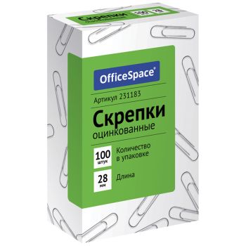 Скрепки 28мм, OfficeSpace, 100шт., оцинкованные, карт. упаковка Скрепки 28мм, OfficeSpace, 100шт., оцинкованные, карт. упаковка