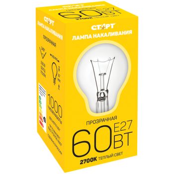 Лампа накаливания Старт Б 60W, E27, прозрачная Лампа накаливания Старт Б 60W, E27, прозрачная
