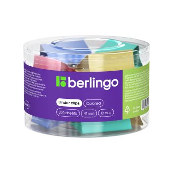 Зажимы для бумаг 41мм, Berlingo, 12шт., цветные, пластиковый тубус Зажимы для бумаг 41мм, Berlingo, 12шт., цветные, пластиковый тубус