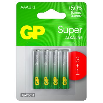 Батарейка GP Super G-Tech AAA (LR03) 24A алкалиновая, BC4 (промо 3+1) Батарейка GP Super G-Tech AAA (LR03) 24A алкалиновая, BC4 (промо 3+1)