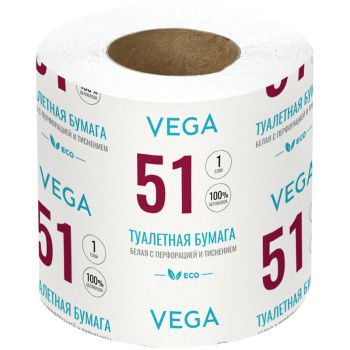 Бумага туалетная Vega, 1-слойная, 51м/рул., на втулке, с перф., с тиснением, белая Бумага туалетная Vega, 1-слойная, 51м/рул., на втулке, с перф., с тиснением, белая