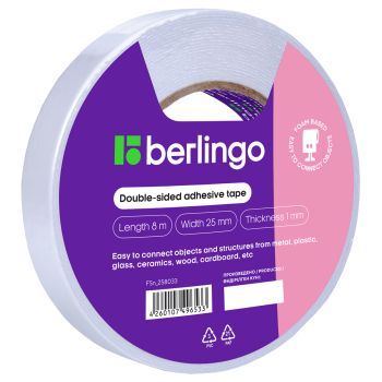 Клейкая лента двусторонняя Berlingo, 25мм*8м, на вспененной основе, 1мм Клейкая лента двусторонняя Berlingo, 25мм*8м, на вспененной основе, 1мм