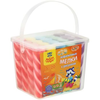 Мелки цветные для асфальта Мульти-Пульти, с принтом, 20шт., 5цв., круглые, пластиковое ведро Мелки цветные для асфальта Мульти-Пульти, с принтом, 20шт., 5цв., круглые, пластиковое ведро
