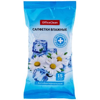 Салфетки влажные OfficeClean, 15шт., антибактериальные для рук, с ромашкой Салфетки влажные OfficeClean, 15шт., антибактериальные для рук, с ромашкой