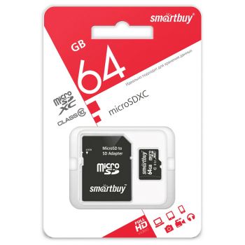 Карта памяти SmartBuy MicroSDHC 64GB, Class 10, скорость чтения 20Мб/сек (с адаптером SD) Карта памяти SmartBuy MicroSDHC 64GB, Class 10, скорость чтения 20Мб/сек (с адаптером SD)