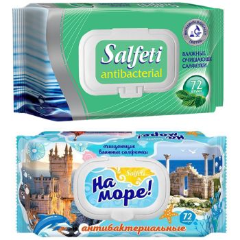 Салфетки влажные Salfeti, 72шт., антибактериальные, клапан Салфетки влажные Salfeti, 72шт., антибактериальные, клапан