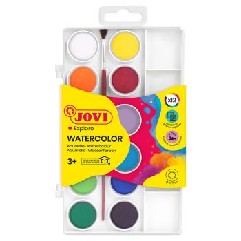 Акварель JOVI, 12 цветов, малые кюветы, с кистью, с палитрой, пластик, европодвес Акварель JOVI, 12 цветов, малые кюветы, с кистью, с палитрой, пластик, европодвес
